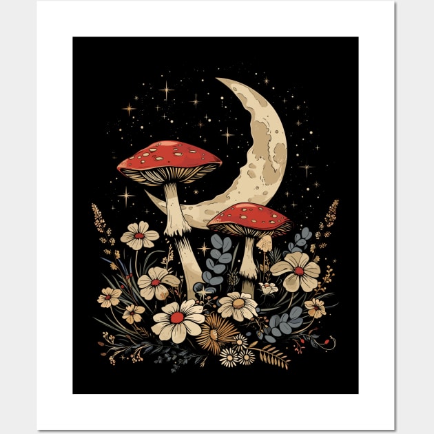 Vintage Goblincore and Cottagecore Mushroom & Floral lovers Wall Art by RetroZin